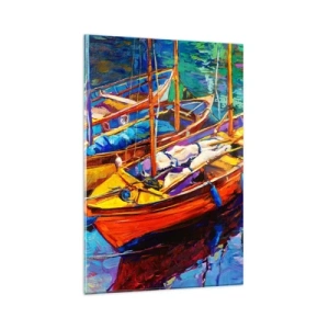 Impression sur verre - Image sur verre - Bateaux colorés sur une eau calme - 80x120cm - Sur l'eau épaisse de couleurs - Décoration murale moderne pour le salon et la chambre ARTTOR