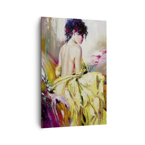 Impression sur toile - Image sur toile - Une scène picturale d'une femme sur un lit dans une atmosphère romantique - 80x120cm - Entre les lèvres et le bord de la tasse - Décoration murale moderne pour le salon et la chambre ARTTOR