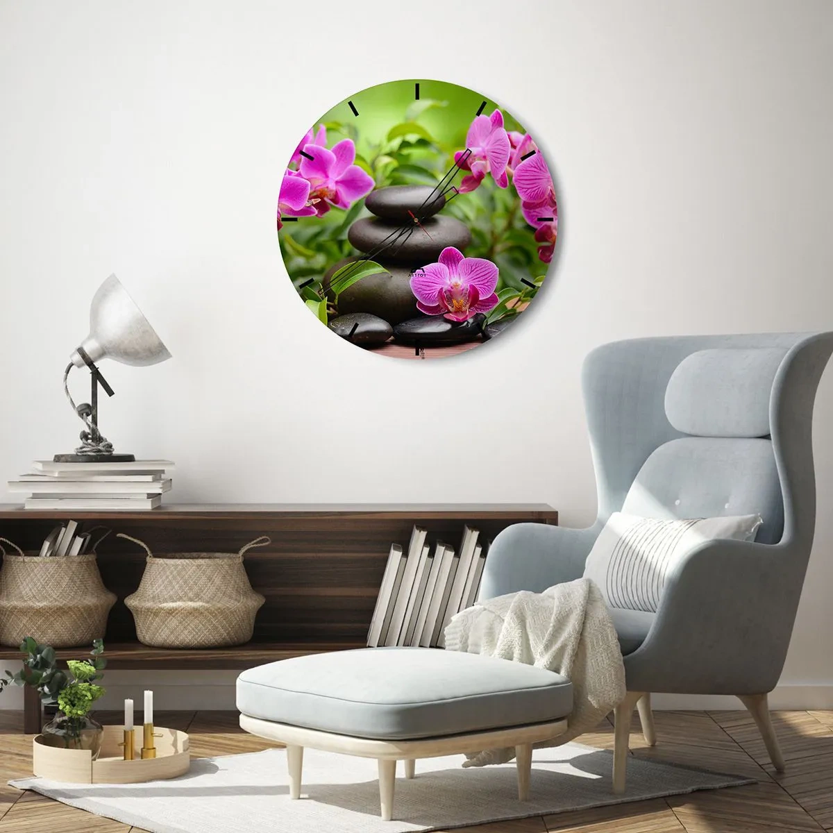 Horloge murale - Pendule murale - Pierres noires et orchidées roses sur fond vert - 30x30cm - Pyramide de la Paix - Décoration murale moderne pour le salon, la cuisine et la chambre ARTTOR