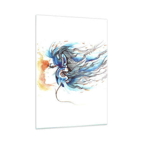 Impression sur verre - Image sur verre - Une femme aux cheveux bleus et portant un casque, dans une expression musicale - 50x70cm - Que la musique joue - Décoration murale moderne pour le salon et la chambre ARTTOR
