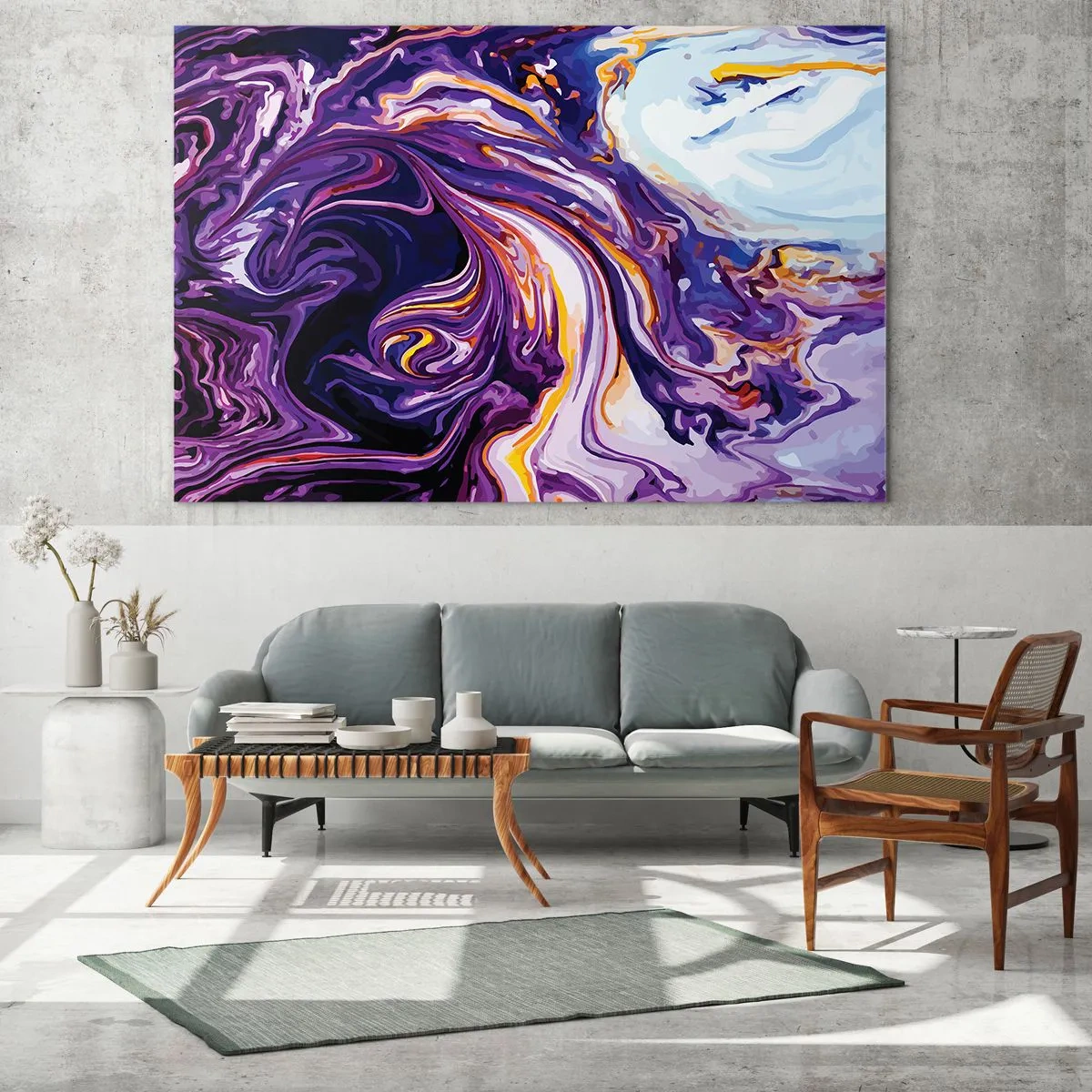 Impression sur verre - Image sur verre - Motif abstrait dans les tons violet et blanc avec des lignes dynamiques - 70x50cm - La courbure de l'espace en violet - Décoration murale moderne pour le salon et la chambre ARTTOR