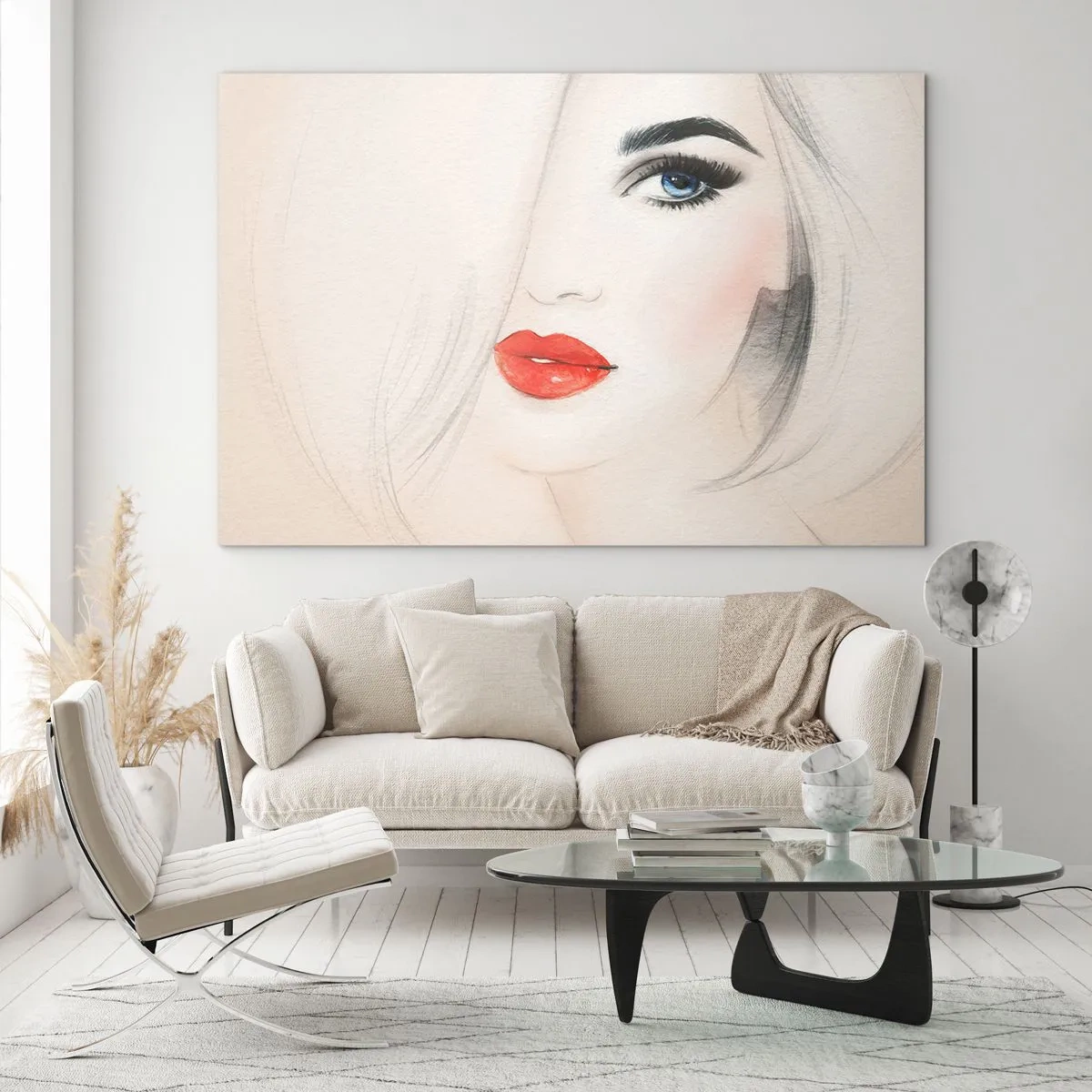 Impression sur verre - Image sur verre - Portrait d'une femme aux cheveux clairs, aux lèvres rouges et aux yeux bleus - 70x50cm - Il hypnotise et enivre - Décoration murale moderne pour le salon et la chambre ARTTOR