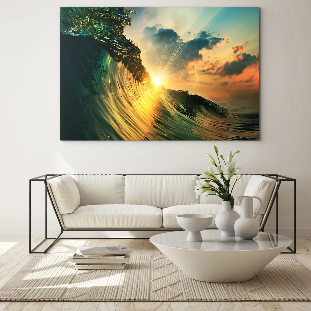 Impression sur verre - Image sur verre - Le soleil couchant illuminant les vagues de l'océan - 70x50cm - Surfeur, où es-tu ? - Décoration murale moderne pour le salon et la chambre ARTTOR