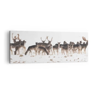 Impression sur toile - Image sur toile - Un troupeau de cerfs sur fond de neige - 140x50cm - Les fêtes approchent ? - Décoration murale moderne pour le salon et la chambre ARTTOR