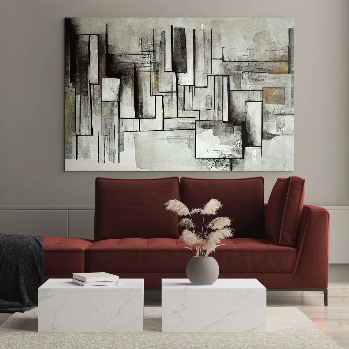 Impression sur verre - Image sur verre - Composition géométrique de rectangles dans des tons gris tamisés - 70x50cm - Le pouvoir de la simplicité - Décoration murale moderne pour le salon et la chambre ARTTOR