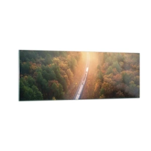 Impression sur verre - Image sur verre - Un train dans une forêt d'automne à l'aube - 140x50cm - Voyage printannier - Décoration murale moderne pour le salon et la chambre ARTTOR