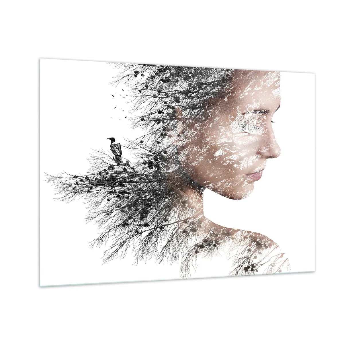Impression sur verre - Image sur verre - Portrait d'une femme avec des branches en arrière-plan - 100x70cm - L'âme de la forêt - Décoration murale moderne pour le salon et la chambre ARTTOR