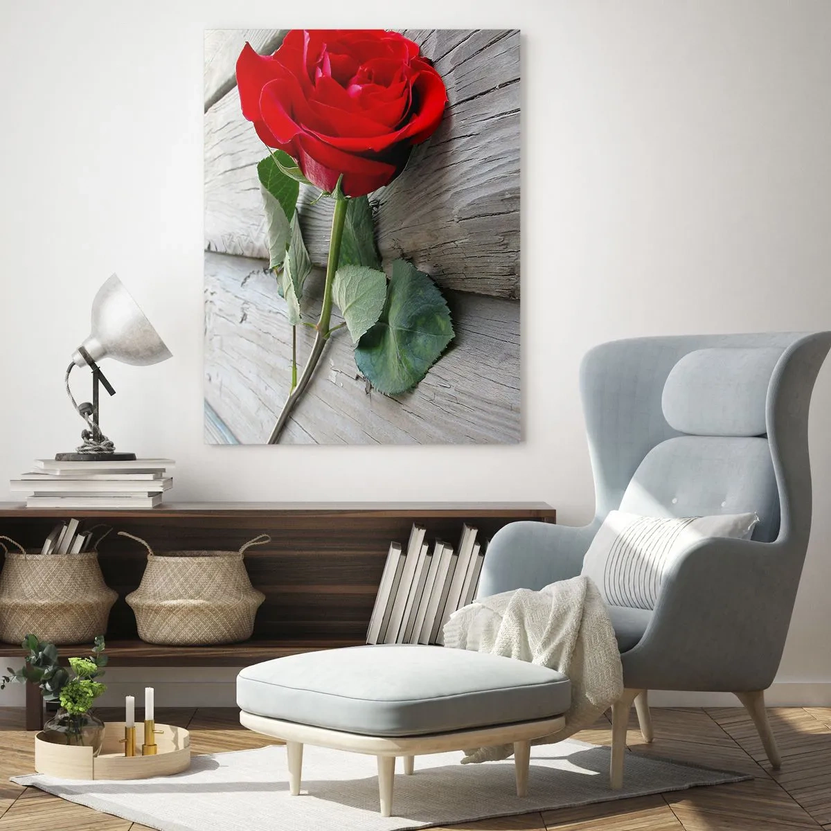 Impression sur verre - Image sur verre - Rose rouge sur une planche de bois - 50x70cm - Étude écarlate - Décoration murale moderne pour le salon et la chambre ARTTOR