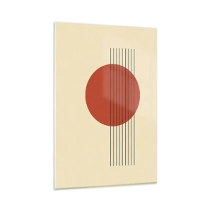 Impression sur verre - Image sur verre - Cercle rouge abstrait avec des lignes sur fond beige. - 80x120cm - Aux alentours et plus loin - Décoration murale moderne pour le salon et la chambre ARTTOR