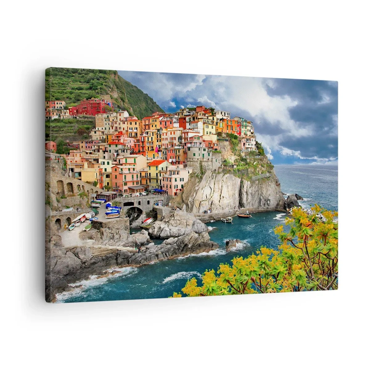 Impression sur toile - Image sur toile - Maisons colorées sur une falaise surplombant la mer aux Cinque Terre - 70x50cm - Un groupe embrassant les rochers - Décoration murale moderne pour le salon et la chambre ARTTOR