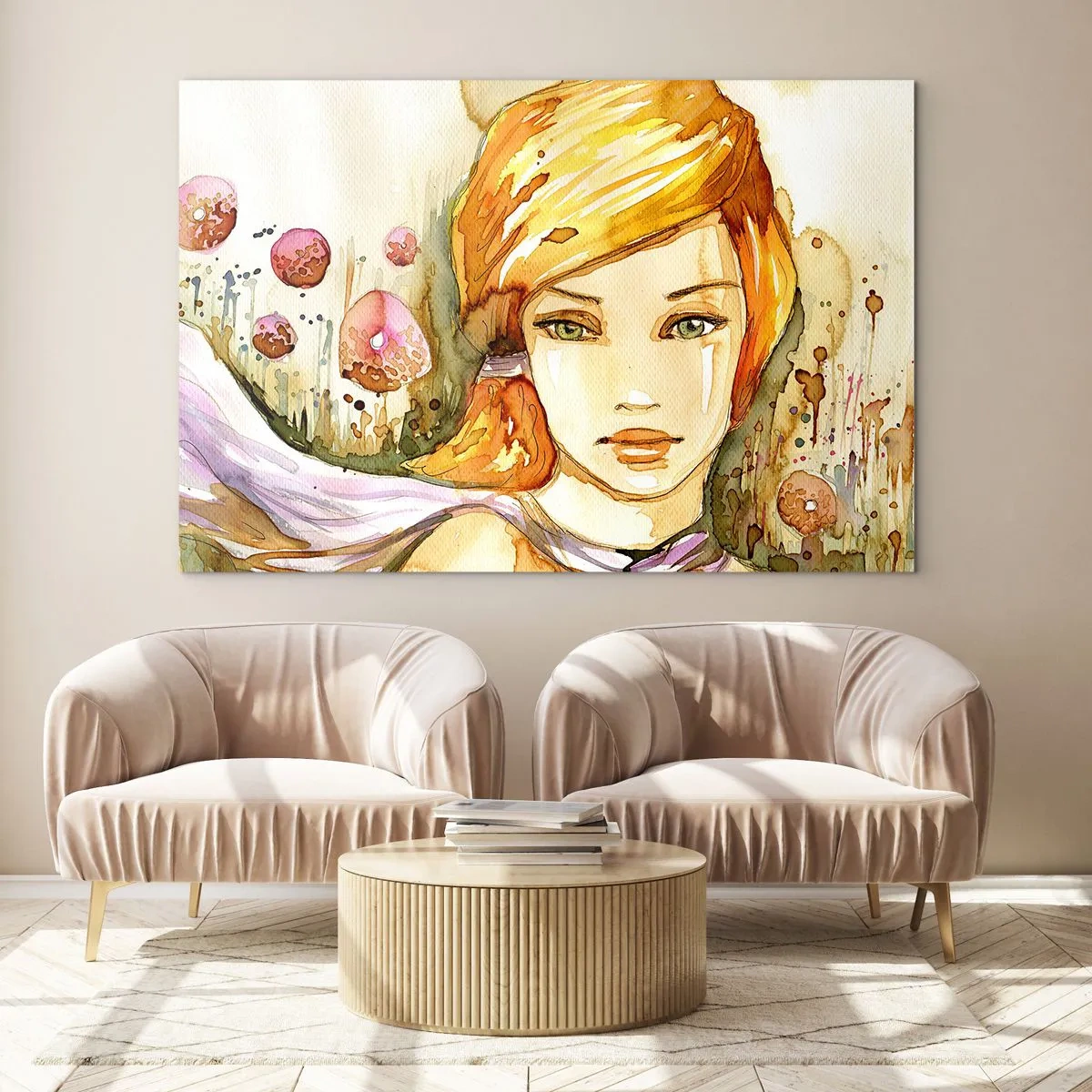Impression sur verre - Image sur verre - Portrait d'une femme dans un style aquarelle avec abstraction - 70x50cm - Un regard émeraude qui calme la colère - Décoration murale moderne pour le salon et la chambre ARTTOR