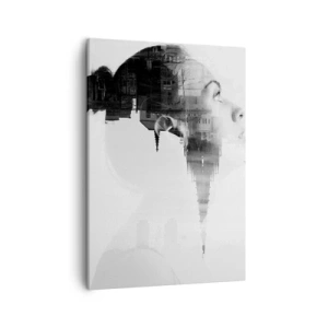 Impression sur toile - Image sur toile - Portrait d'une femme avec le contour d'une ville en arrière-plan, couleurs noir et blanc - 50x70cm - Des deux côtés du verre - Décoration murale moderne pour le salon et la chambre ARTTOR