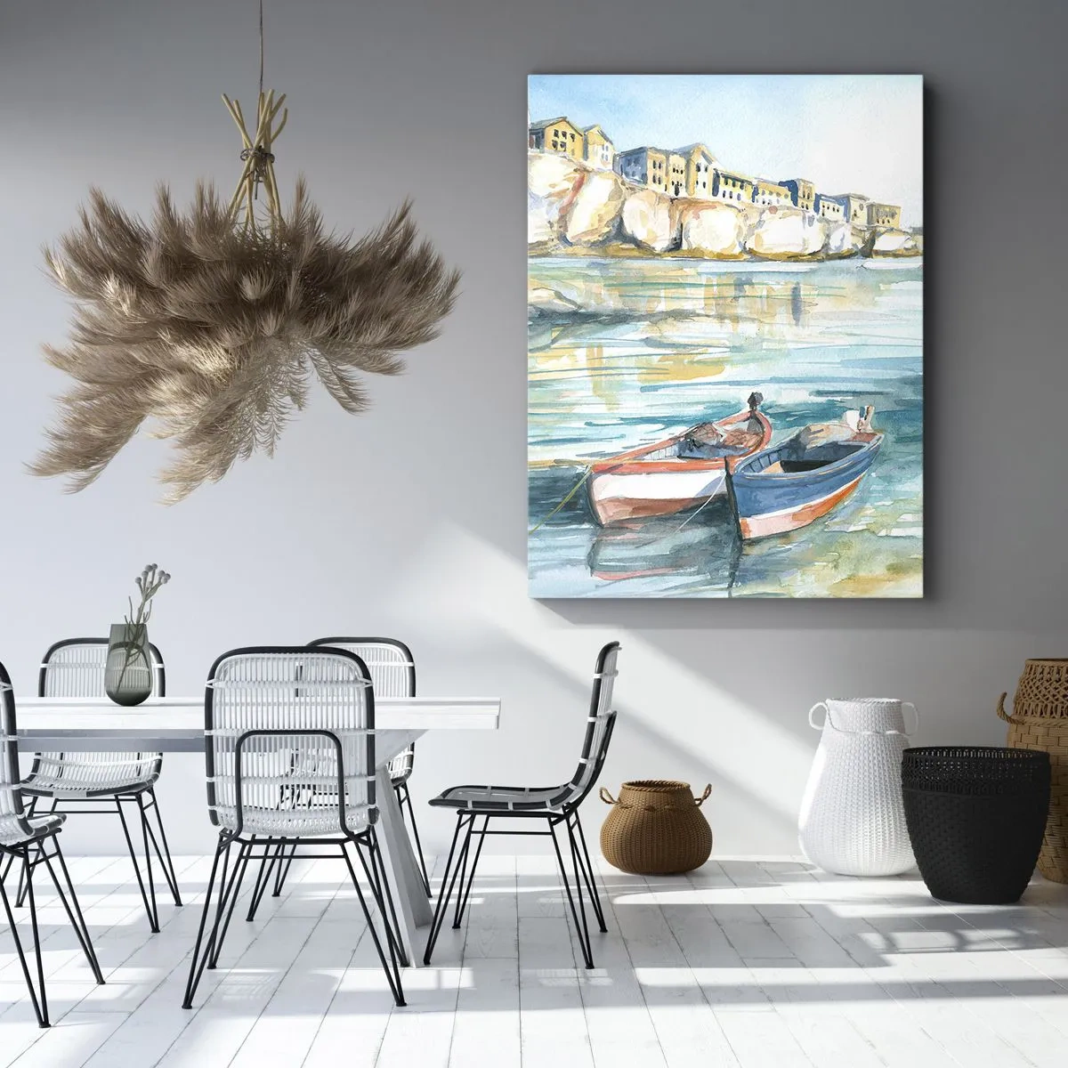 Impression sur toile - Image sur toile - Un paysage balnéaire pittoresque avec des bateaux sur l'eau - 70x100cm - Paysage dans l'azur - Décoration murale moderne pour le salon et la chambre ARTTOR