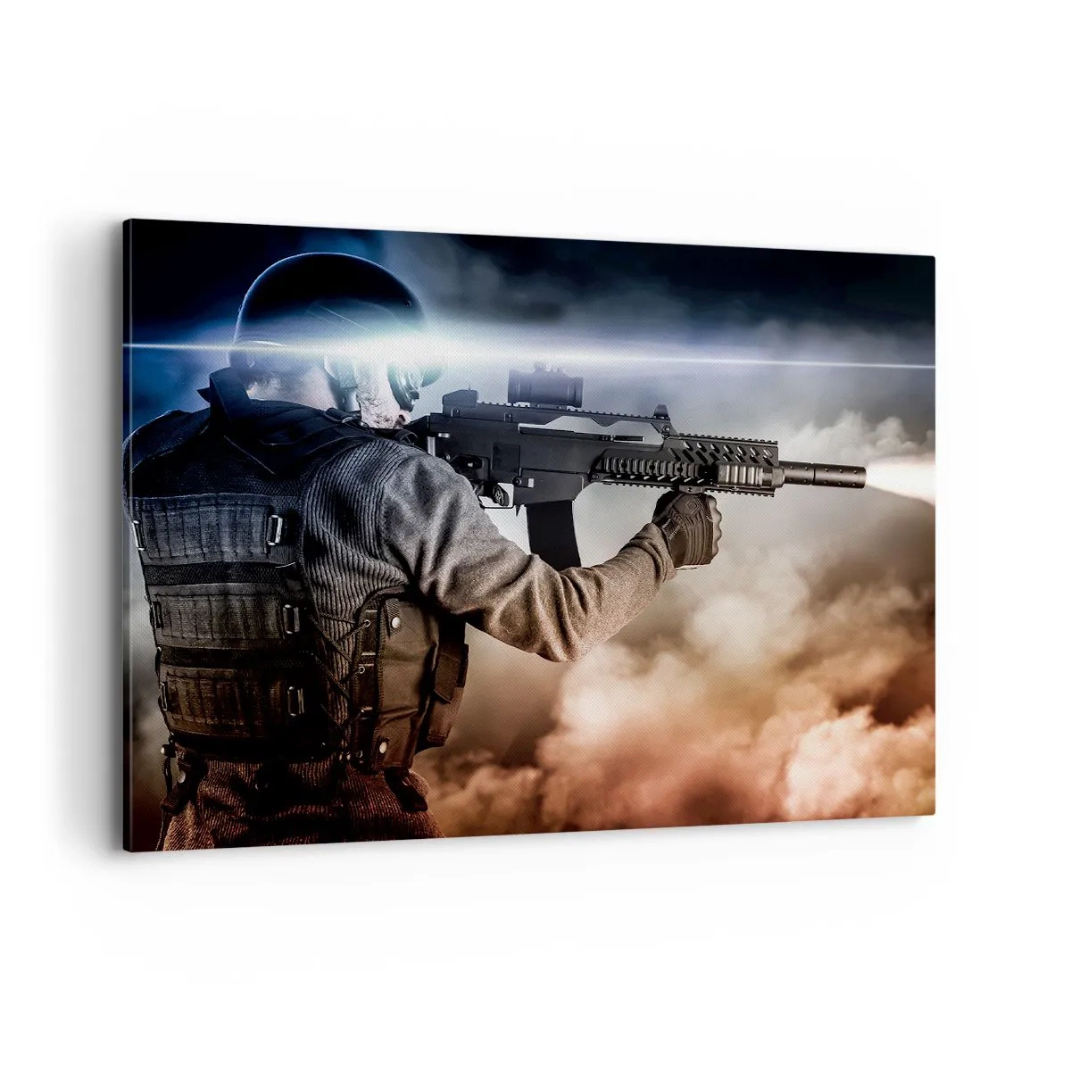 Impression sur toile - Image sur toile - Un soldat en action avec un fusil sur fond de nuages et de lumière. - 100x70cm - Tout simplement un héros - Décoration murale moderne pour le salon et la chambre ARTTOR