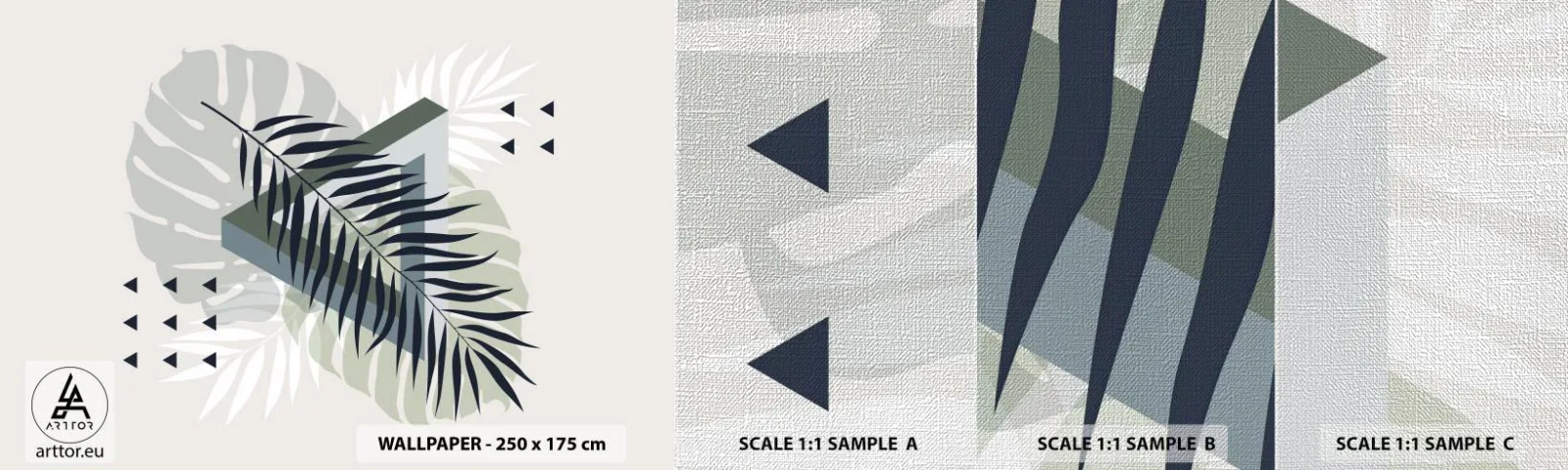 Échantillon de Papier Peint Premium Canvas - Nature et géométrie - deux odres? - Feuille de Monstera, Feuille de palmier, Graphique - 100x30 cm