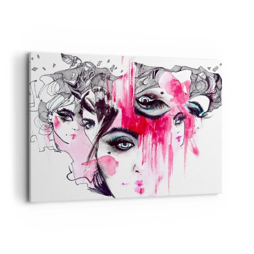 Impression sur toile - Image sur toile - Visage abstrait dans les tons de rose et de noir - 100x70cm - Yeux abstraits - Décoration murale moderne pour le salon et la chambre ARTTOR