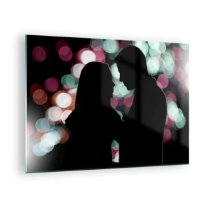 Impression sur verre - Image sur verre - Silhouettes d'un couple sur fond de lumières bokeh colorées - 70x50cm - Oui! - Décoration murale moderne pour le salon et la chambre ARTTOR