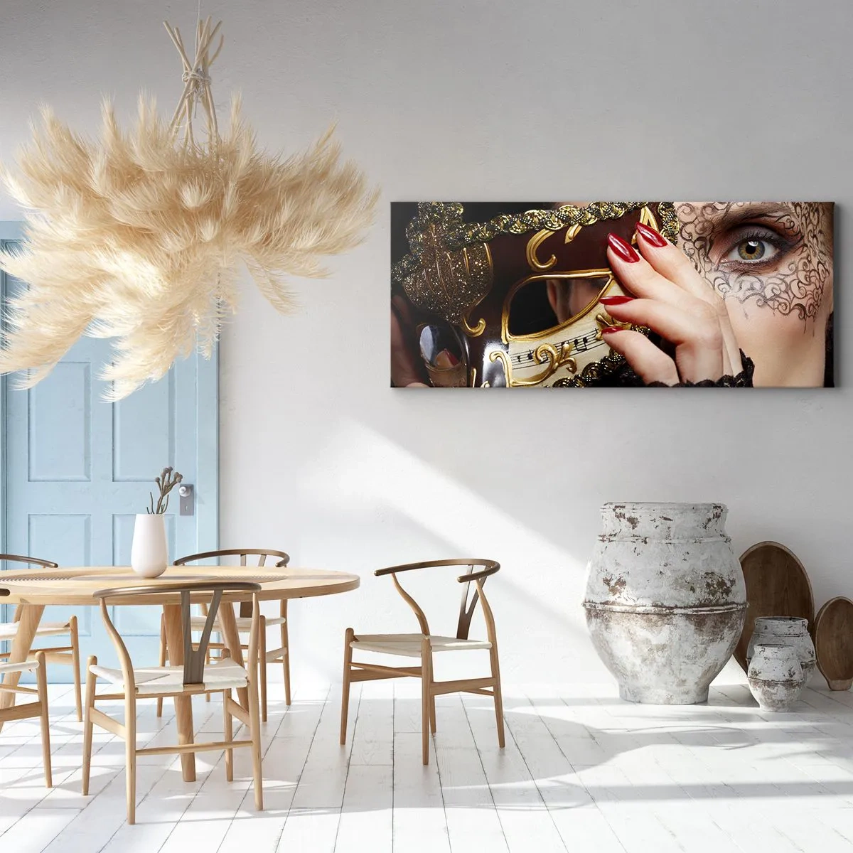 Impression sur toile - Image sur toile - Une femme portant un masque vénitien décoré d'or et de dentelle. - 120x50cm - Mon monde est baroque - Décoration murale moderne pour le salon et la chambre ARTTOR