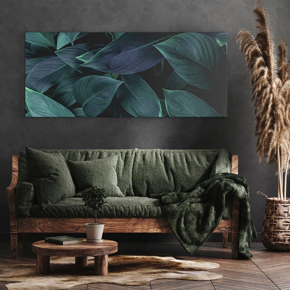 Impression sur toile - Image sur toile - Gros plan de feuilles vertes sur fond sombre - 120x50cm - le vert lui-même - Décoration murale moderne pour le salon et la chambre ARTTOR