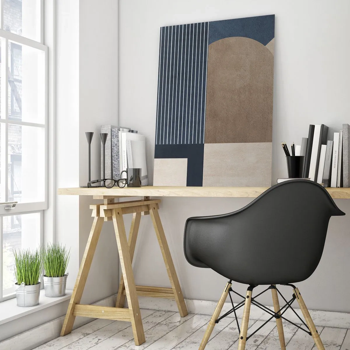 Impression sur verre - Image sur verre - Figures géométriques dans les tons beige et bleu marine avec des lignes - 80x120cm - Composition simple et en rondeur - Décoration murale moderne pour le salon et la chambre ARTTOR