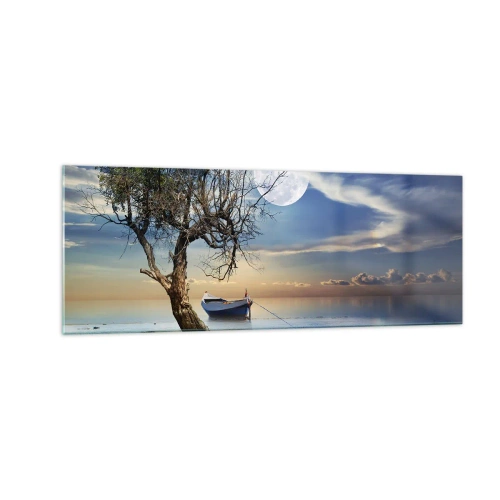 Impression sur verre - Image sur verre - Un arbre solitaire et un bateau sur une eau calme sous la pleine lune. - 140x50cm - Est-ce la fin ou le début ? - Décoration murale moderne pour le salon et la chambre ARTTOR