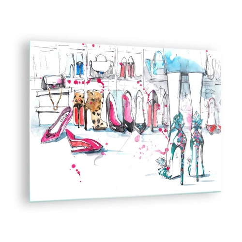 Impression sur verre - Image sur verre - Illustration de talons hauts élégants dans un magasin - 70x50cm - Sésame, ouvre-toi - Décoration murale moderne pour le salon et la chambre ARTTOR