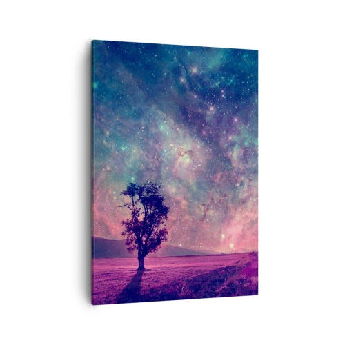 Impression sur toile - Image sur toile - Un arbre contre un ciel étoilé aux couleurs violettes et bleues - 50x70cm - Sous un ciel magique - Décoration murale moderne pour le salon et la chambre ARTTOR