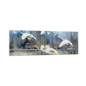 Impression sur verre - Image sur verre - Cygnes en vol au-dessus d'un lac gelé dans un paysage hivernal - 160x50cm - Comme dans un conte de fées sur les cygnes sauvages - Décoration murale moderne pour le salon et la chambre ARTTOR