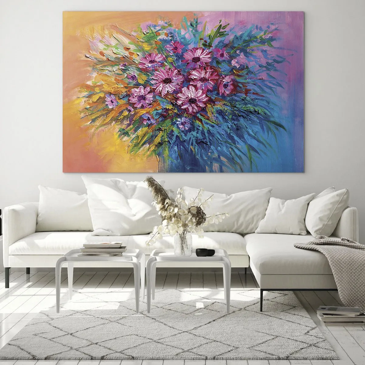Impression sur verre - Image sur verre - Un bouquet de fleurs roses dans une composition artistique et colorée - 70x50cm - Énergie de la vie - Décoration murale moderne pour le salon et la chambre ARTTOR