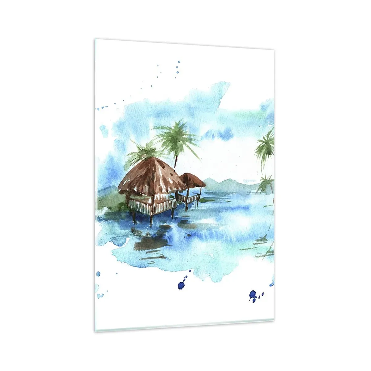 Impression sur verre - Image sur verre - Aquarelle représentant un paysage tropical avec des maisons et des palmiers - 80x120cm - Quelque part dans le Pacifique - Décoration murale moderne pour le salon et la chambre ARTTOR