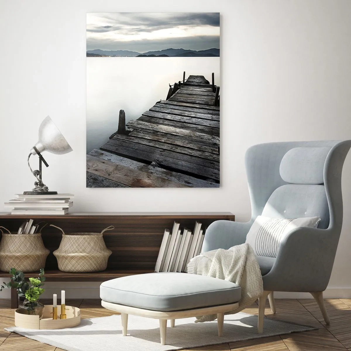Impression sur verre - Image sur verre - Une jetée en bois sur fond de lac calme au crépuscule - 50x70cm - Immergez-vous dans la paix - Décoration murale moderne pour le salon et la chambre ARTTOR