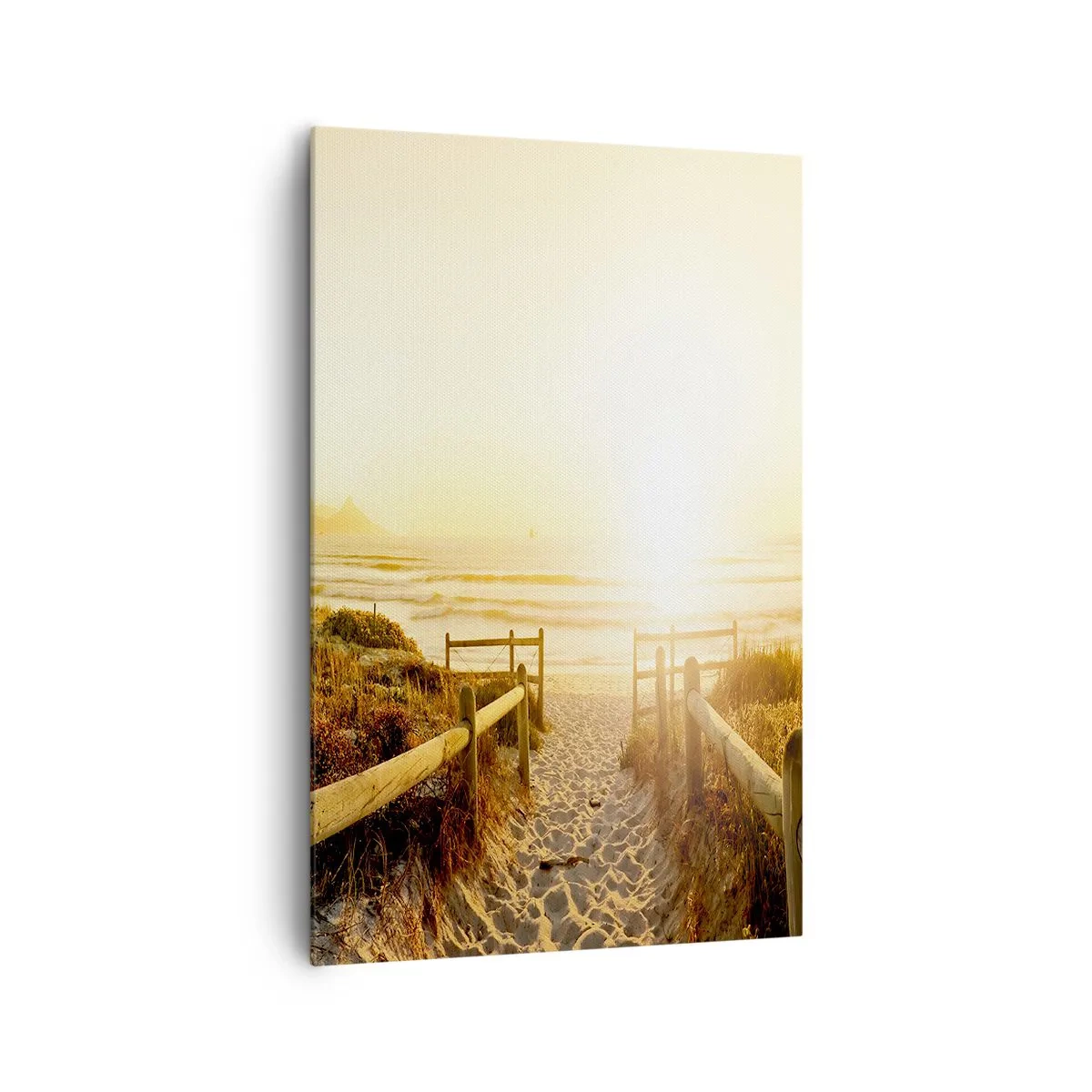 Impression sur toile - Image sur toile - Chemin vers la plage pendant un coucher de soleil doré - 80x120cm - A travers la dune, vers le soleil - Décoration murale moderne pour le salon et la chambre ARTTOR