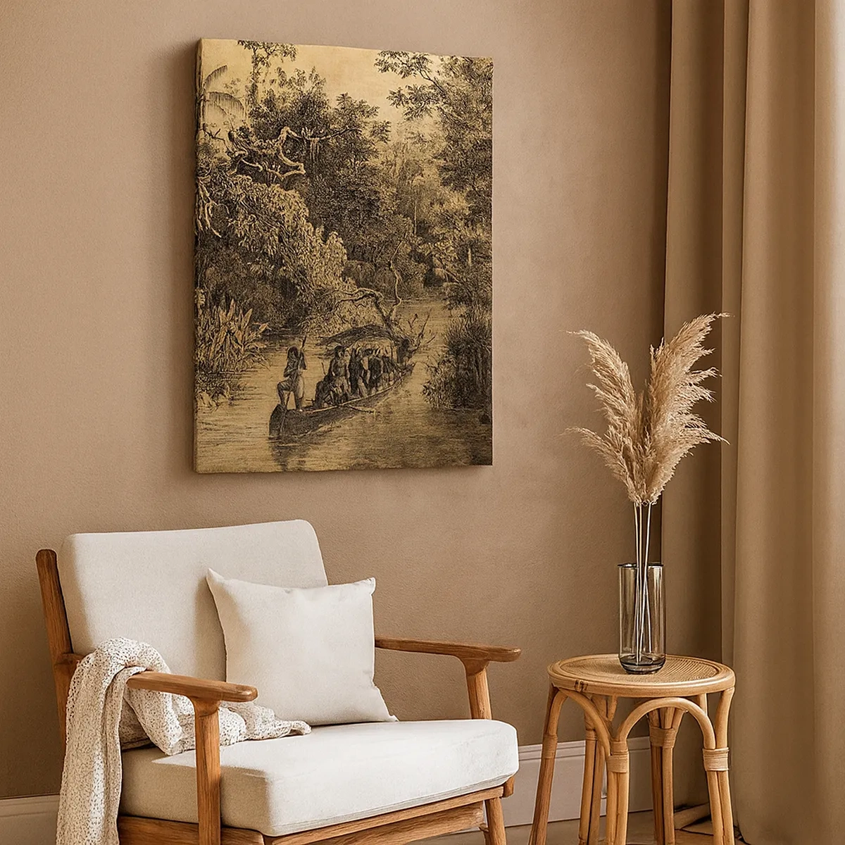 Impression sur toile - Image sur toile - Dessin d'une jungle avec un bateau sur une rivière - 50x70cm - Expédition à la source - Décoration murale moderne pour le salon et la chambre ARTTOR