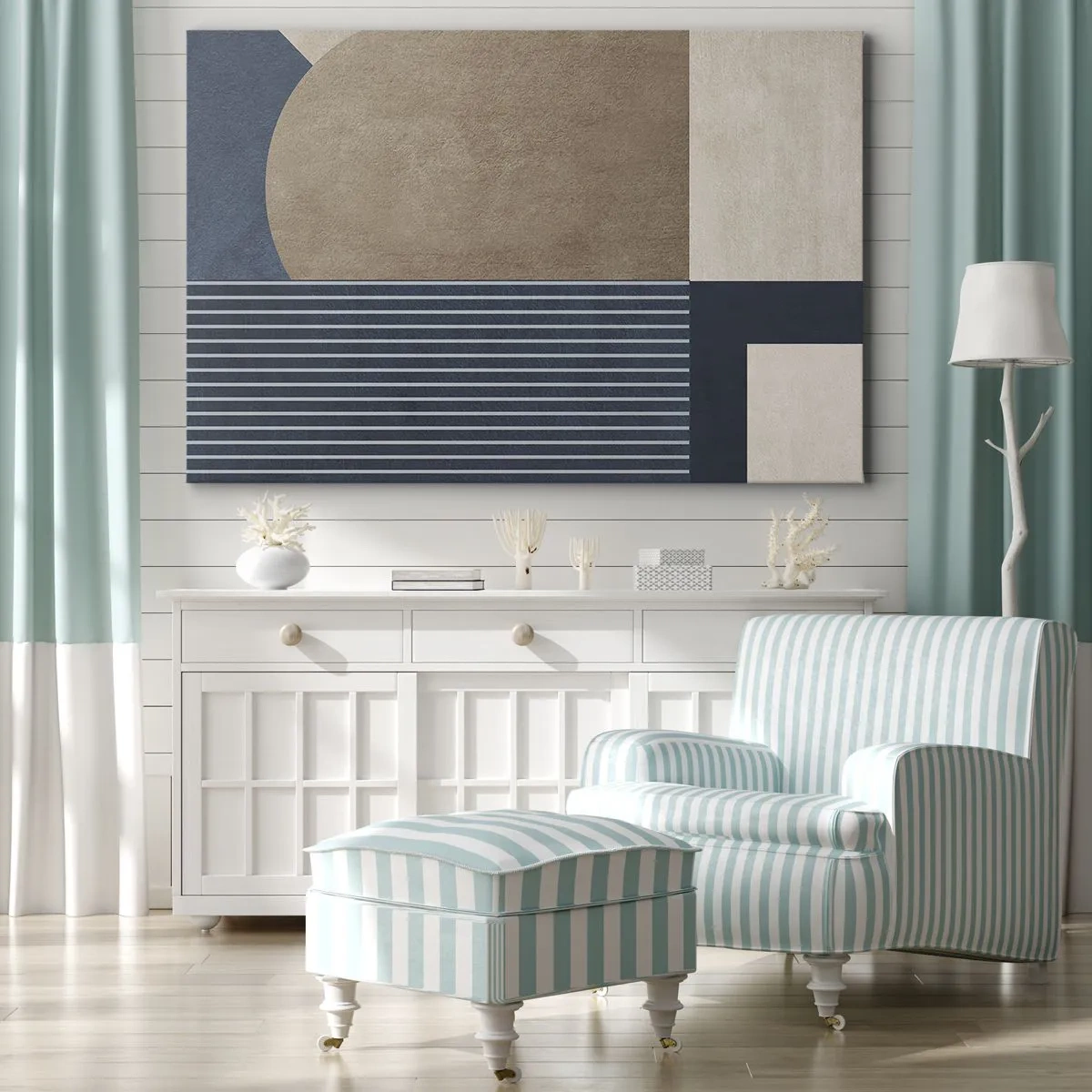 Impression sur toile - Image sur toile - Figures géométriques dans les tons beige et bleu marine avec des lignes - 100x70cm - Composition simple et en rondeur - Décoration murale moderne pour le salon et la chambre ARTTOR