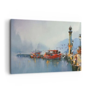 Impression sur toile - Image sur toile - Un port avec des bateaux rouges entouré d'un paysage brumeux - 120x80cm - Na końcu świata - Décoration murale moderne pour le salon et la chambre ARTTOR