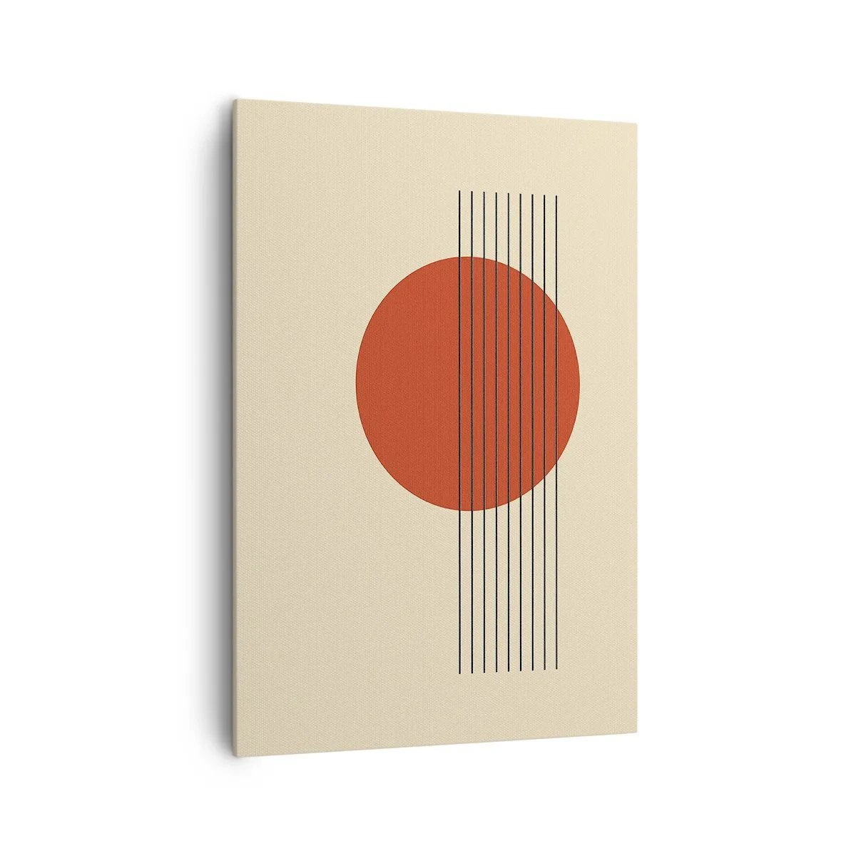 Impression sur toile - Image sur toile - Cercle rouge abstrait avec des lignes sur fond beige. - 70x100cm - Aux alentours et plus loin - Décoration murale moderne pour le salon et la chambre ARTTOR