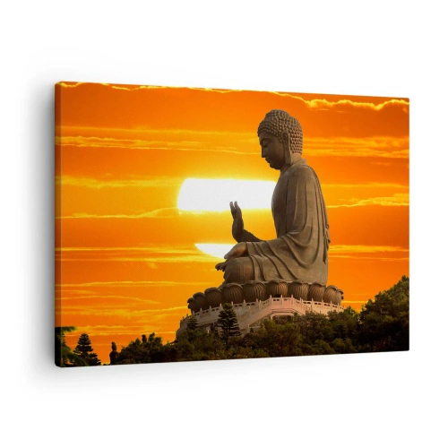 Impression sur toile - Image sur toile - Une statue bouddhiste sur fond de coucher de soleil orange - 70x50cm - Aucune peur du monde - Décoration murale moderne pour le salon et la chambre ARTTOR