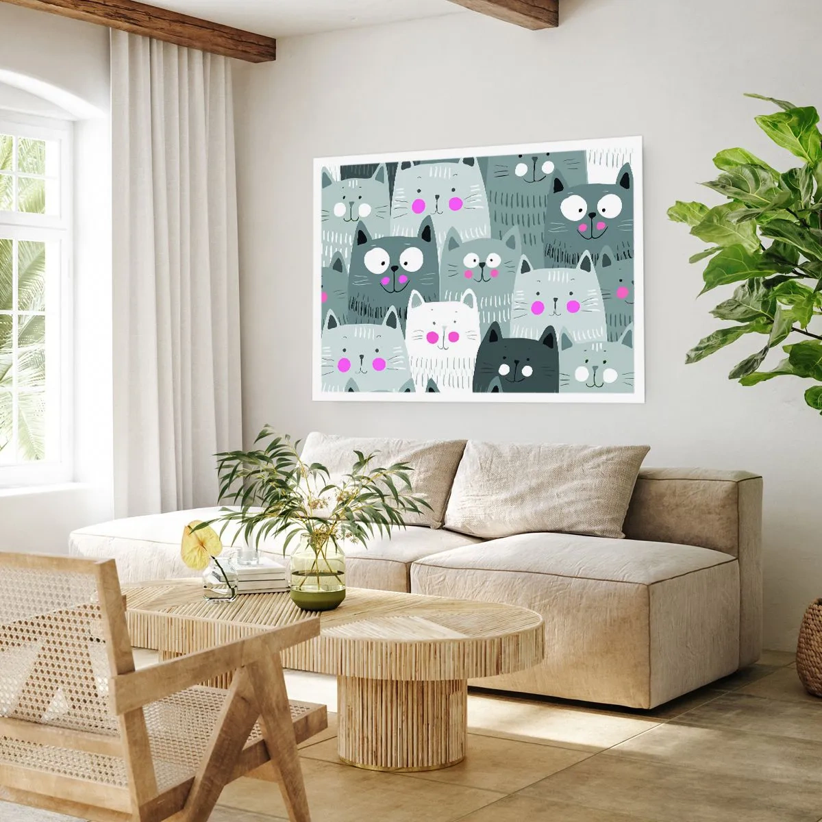 Affiche - Poster - Un motif amusant avec des chats dans des tons de gris - 100x70cm - Le monde des chats - Décoration murale moderne pour le salon et la chambre ARTTOR