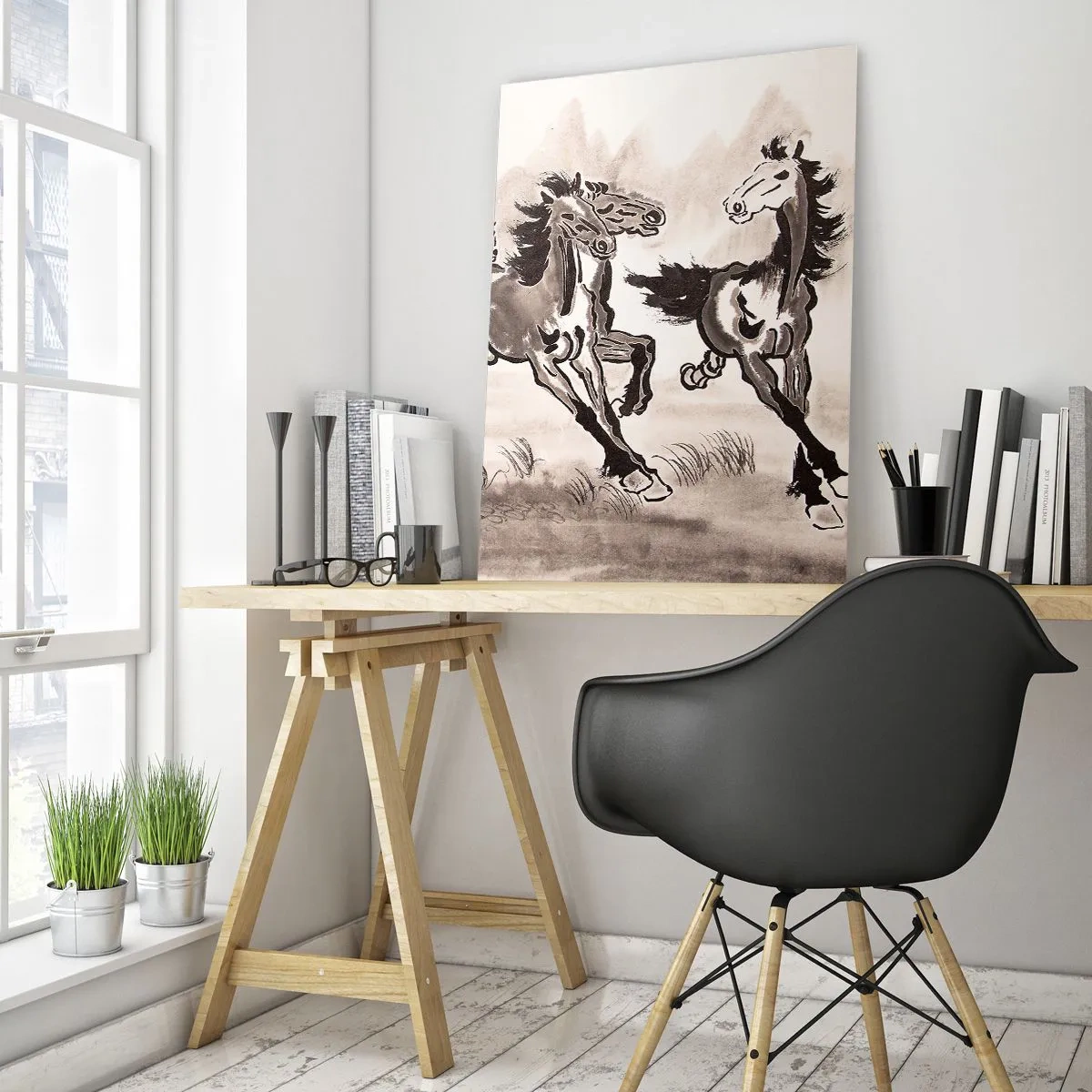 Impression sur verre - Image sur verre - Graphiques dynamiques de chevaux au galop dans un style oriental - 70x100cm - Dans un joyeux galop - Décoration murale moderne pour le salon et la chambre ARTTOR