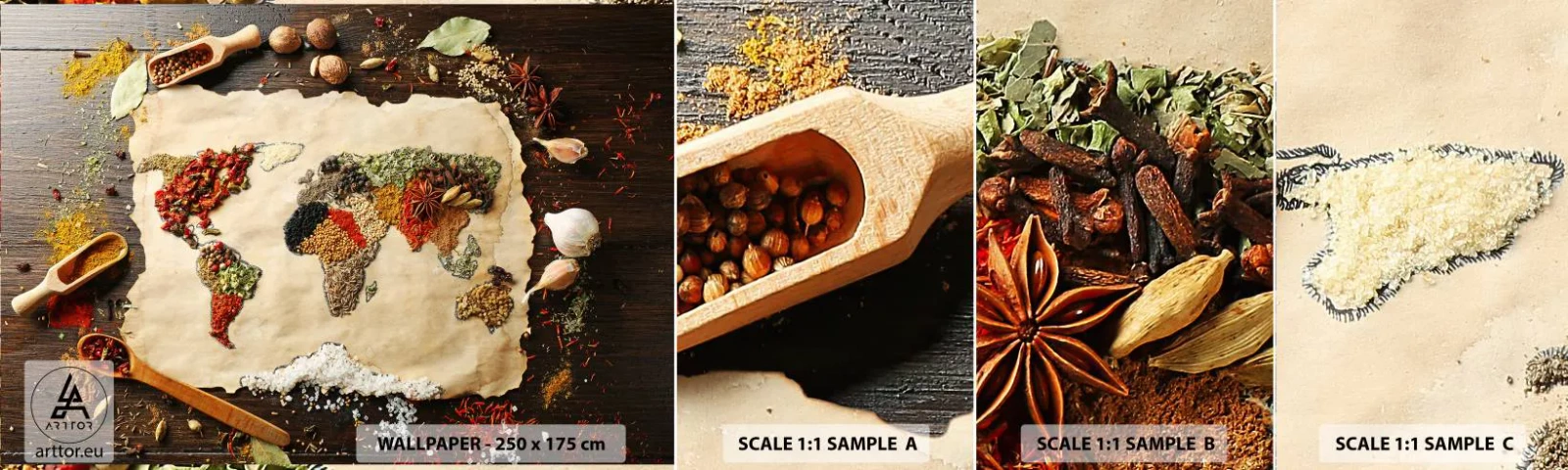 Échantillon De Papier Peint Standard Eco - Toutes les saveurs du monde - La gastronomie, Carte du monde, Épices séchées - 100x30 cm