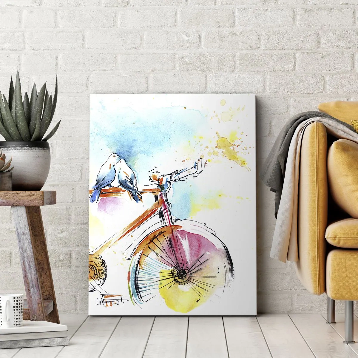 Impression sur toile - Image sur toile - Aquarelle colorée d'un vélo avec des oiseaux assis dessus - 50x70cm - À deux en vélo - Décoration murale moderne pour le salon et la chambre ARTTOR