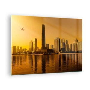 Impression sur verre - Image sur verre - Une ville moderne avec des gratte-ciel au coucher du soleil - 70x50cm - La ville en or - Décoration murale moderne pour le salon et la chambre ARTTOR