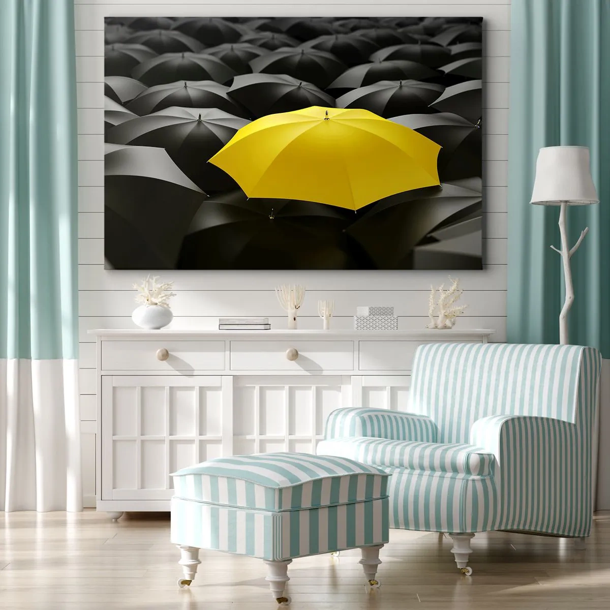 Impression sur toile - Image sur toile - Un parapluie jaune parmi des parapluies noirs - 100x70cm - Adieu chagrin - Décoration murale moderne pour le salon et la chambre ARTTOR