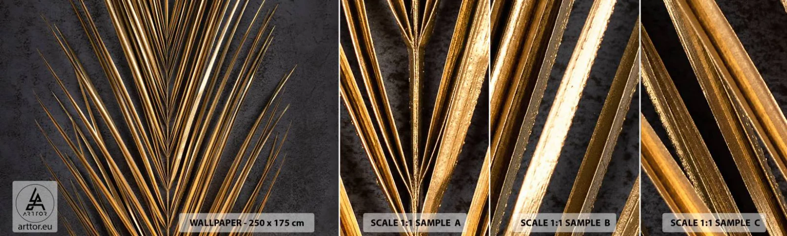 Échantillon De Papier Peint Standard Eco - L'or des tropiques - Feuille de palmier, Morceau, Abstraction - 100x30 cm