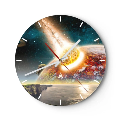Horloge murale - Pendule murale - Collision d'un astéroïde avec la Terre dans le fond cosmique - 30x30cm - Drame spatial - Décoration murale moderne pour le salon, la cuisine et la chambre ARTTOR
