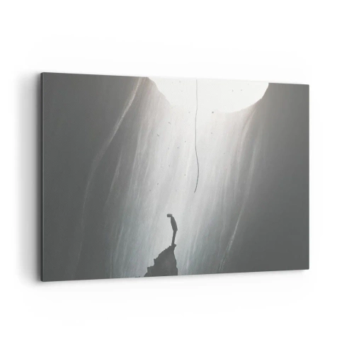 Impression sur toile - Image sur toile - Silhouette d'un homme sur le sol d'une grotte avec vue sur la lumière - 120x80cm - Il y a toujours une issue - Décoration murale moderne pour le salon et la chambre ARTTOR