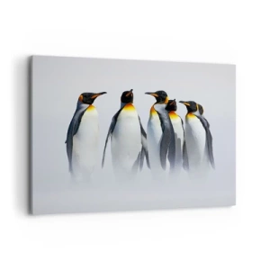 Impression sur toile - Image sur toile - Un groupe de manchots empereurs dans le brouillard hivernal - 100x70cm - Rencontre en robes de soirée - Décoration murale moderne pour le salon et la chambre ARTTOR