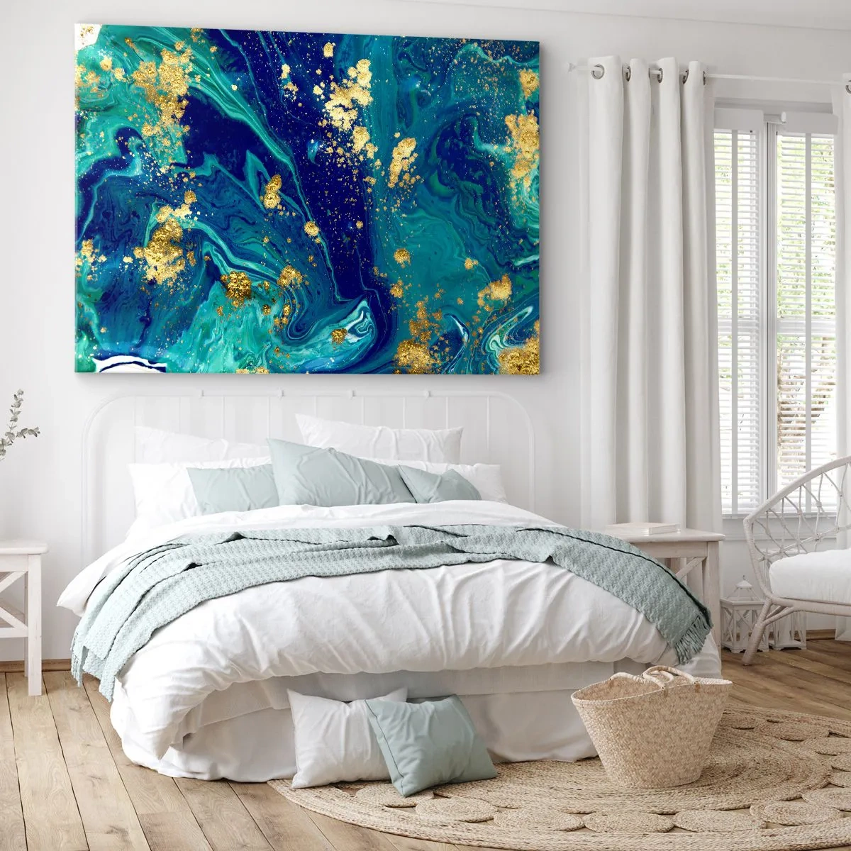 Impression sur toile - Image sur toile - Une composition abstraite avec des accents bleus, verts et dorés. - 100x70cm - Les pétales du soleil - Décoration murale moderne pour le salon et la chambre ARTTOR