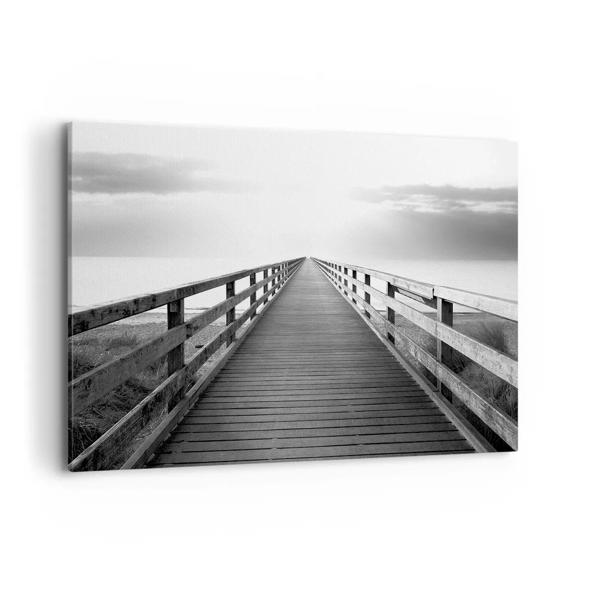 Impression sur toile - Image sur toile - Une image en noir et blanc d'une jetée en bois menant vers l'horizon. - 120x80cm - A perte de vue... - Décoration murale moderne pour le salon et la chambre ARTTOR