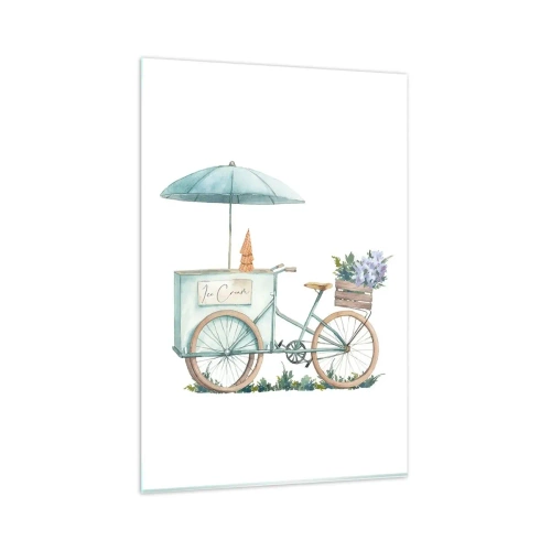 Impression sur verre - Image sur verre - Un vélo avec de la glace et des fleurs sous un parapluie aux couleurs pastel délicates - 80x120cm - Doux souvenir d'été - Décoration murale moderne pour le salon et la chambre ARTTOR